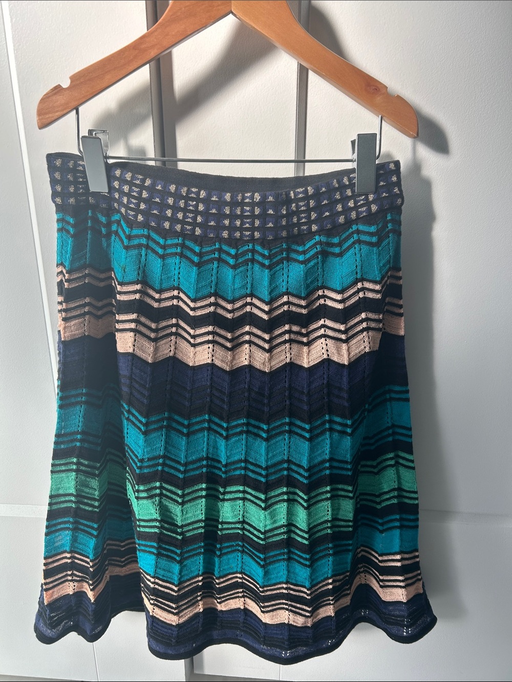 M by Missoni Chevron Knit A-Line Skirt in Teal, Navy & Cream